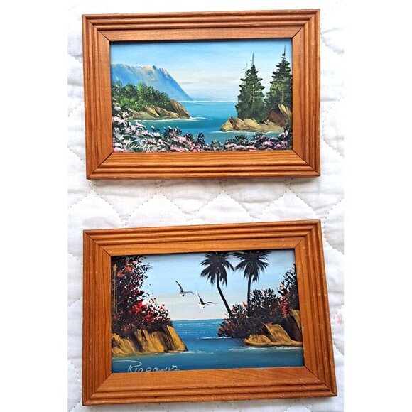 Ruben Garay Signed Set of Two Framed Original Oil Paintings Ocean Views 6.5X4.5 - Picture 1 of 4